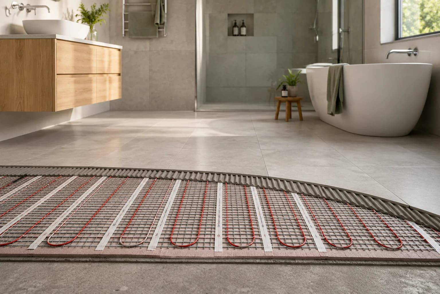 Electric under-tile heating layer installed below a tiled floor finish