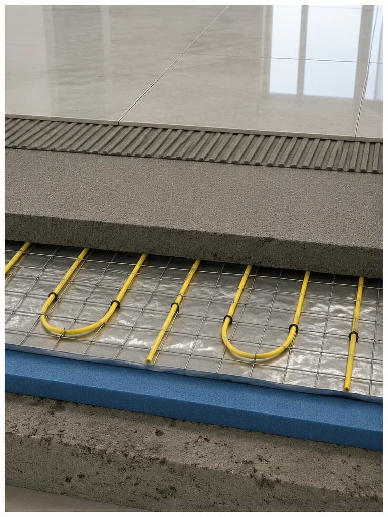Electric in-screed heating layer installed within a floor build-up