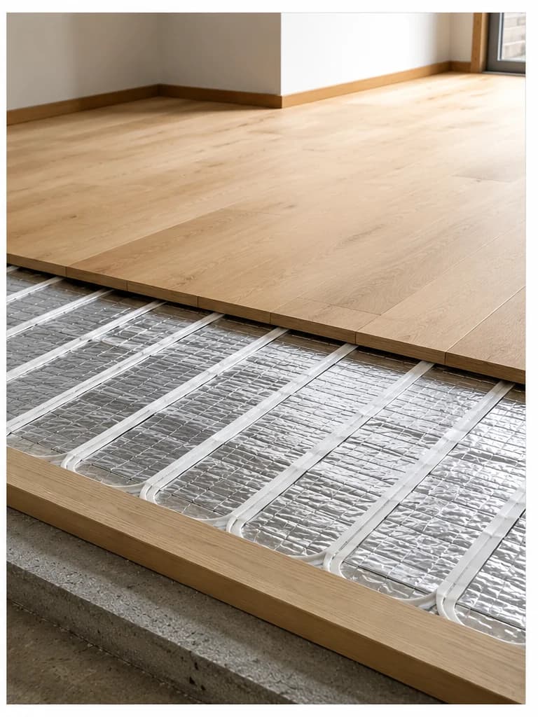 Electric under-timber heating layer installed below a timber floor system