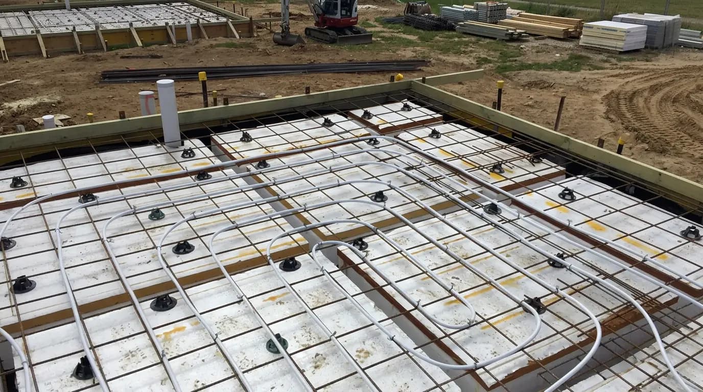 In-slab hydronic heating pipework before concrete pour