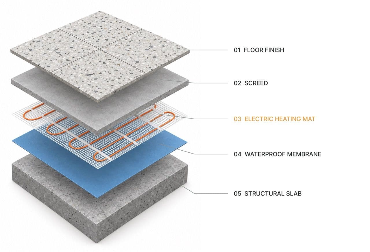 Exploded view of floor construction showing the floor finish, screed, electric heating mat, waterproof membrane and structural slab.