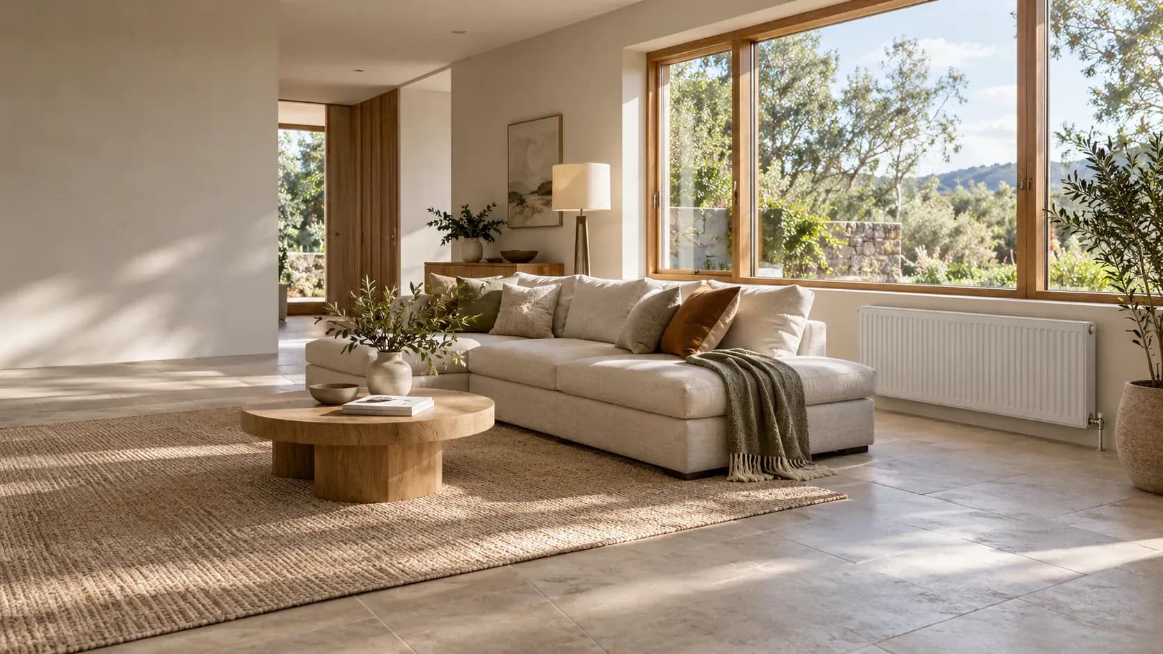 Light-filled living room with a wall-mounted hydronic radiator beneath a window.